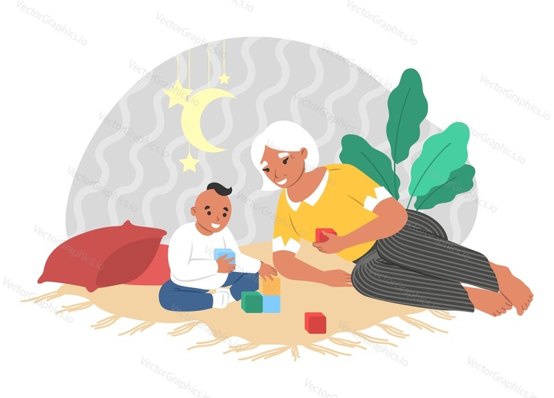 Happy grandmother and grandson playing with blocks together sitting on carpet, flat vector illustration. Grandma and grandkid spending time together. Grandparent and grandchild relationships.