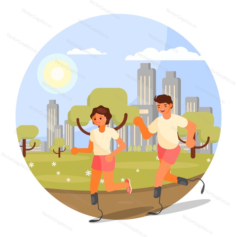 Man and woman runners with disabilities, flat vector illustration. Active disabled people jogging, running marathon on artificial limbs, prosthetic legs. Handicapped outdoor fitness, workout.