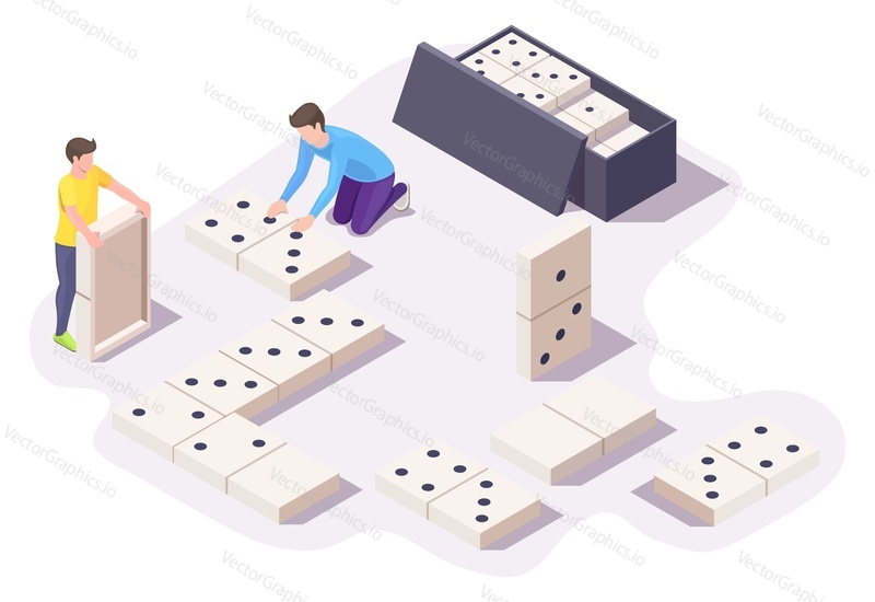 Two boys friends playing dominoes board game sitting on the floor, flat vector isometric illustration. Home leisure activities.