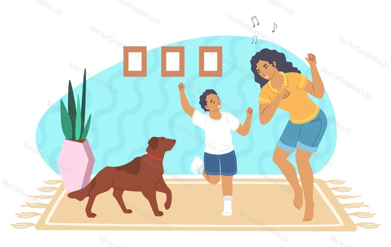 Happy mother playing with son and pet dog at home, flat vector illustration. Mom and kid spending time together. Parent child relationship, happy motherhood and parenting.