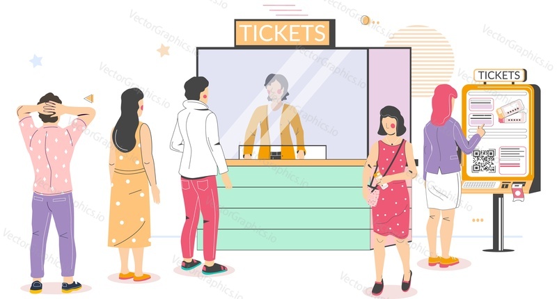 People buying cinema tickets at self service terminal and at movie ticket counter standing in queue, flat vector illustration. Cinema box office vs self service kiosk. Entertainment industry.
