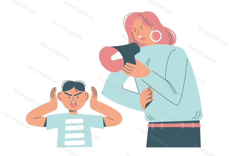 Angry mother screaming through megaphone scolding his son, flat vector illustration. Mother kid conflict, parent and child relationship.