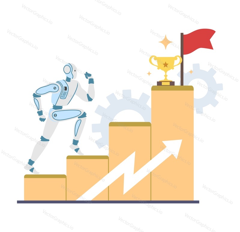 Робот-машина, поднимающаяся по карьерной лестнице с кубком трофея и флагом наверху, плоская векторная иллюстрация. Профессиональный разведывательный карьерный рост, лидерство.