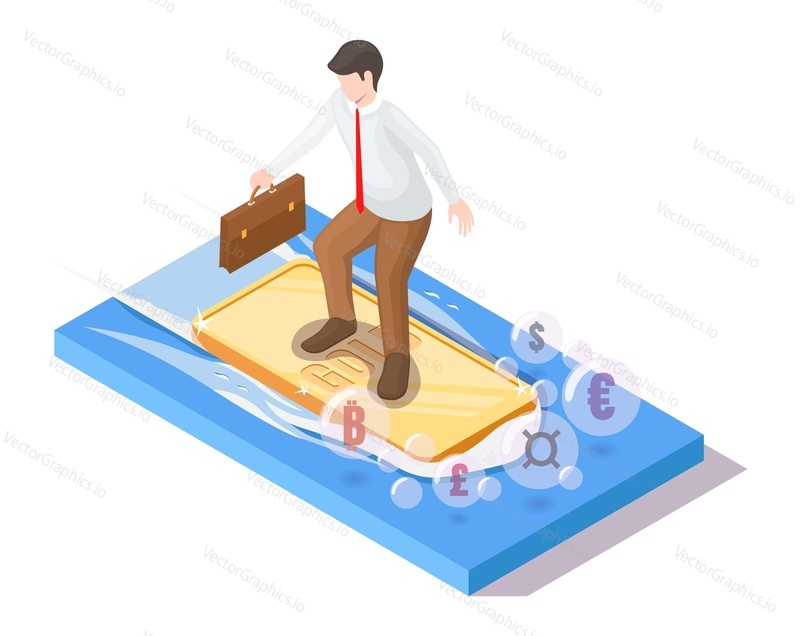 Surfer businessman with suitcase riding gold ingot on ocean wave, flat vector isometric illustration. Investing in gold concept.