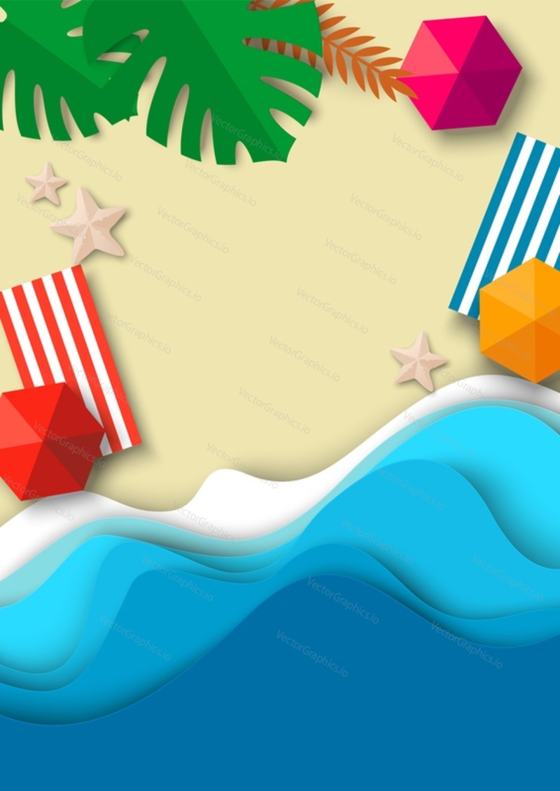 Tropical beach background, top view vector illustration. Paper cut craft style ocean waves, sun umbrellas, starfish on sand. Summer vacation, travel.