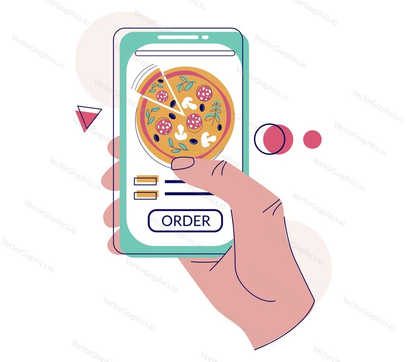 Hand holding smartphone with pizza on screen, flat vector illustration. Online pizza order and delivery.