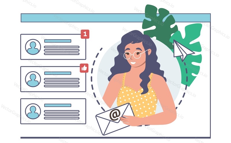 Woman sending email message, flat vector illustration. Text message notifications. Online communication.