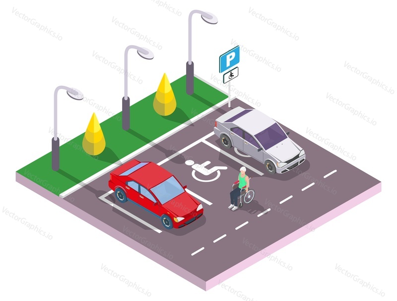 Man using wheelchair at accessible parking space for cars, flat vector isometric illustration. Parking lot for disabled people.