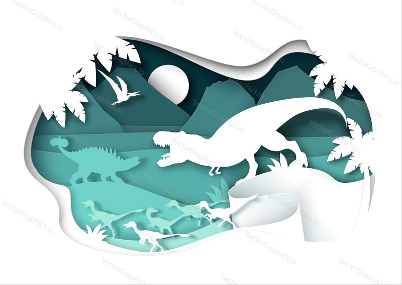Paper cut dino silhouettes and nature landscape. Tyrannosaurus rex, velociraptor, ankylosaurus dinosaur, pteranodon flying reptile, vector illustration. Kids education. Archeology, history.