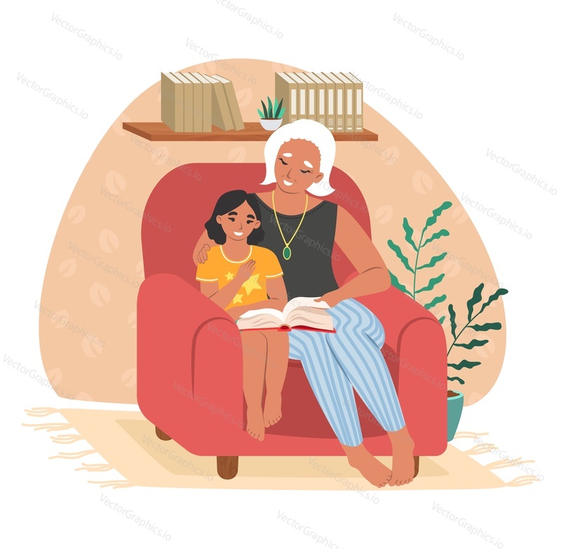Happy grandmother reading book with granddaughter sitting in armchair, flat vector illustration. Grandma and grandkid spending time together. Grandparent and grandchild relationships.