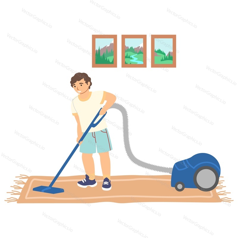 Boy vacuuming carpet and cleaning the floor with vacuum cleaner, flat vector illustration. Kid helping his parents do household chores. House cleaning, housekeeping.