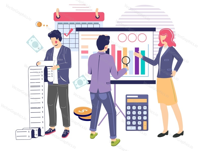 Business consultant, audit professionals analysing data, flat vector illustration. Financial statement or annual report, financial audit and advisory services. Finance and accounting.