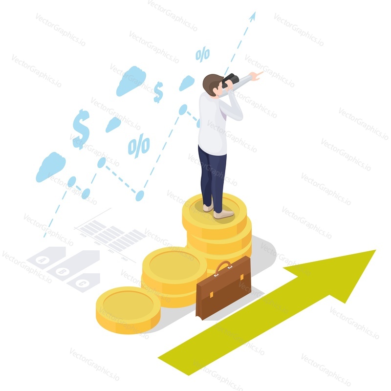 Business man looking through telescope standing on coin stack, flat vector illustration. Business leader, career growth, future vision, financial success.