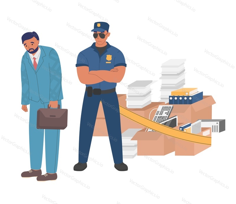 Sad business man, dismissed employee leaving the office, flat vector illustration. Process of ouster is supervised by security guard. Crisis, staff reduction, layoff.