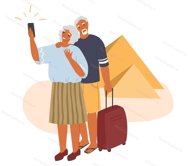 Elderly couple traveling the world together, flat vector illustration. Senior travel activity and summer vacation. Happy grandmother and grandfather taking selfie next to Egyptian pyramid.