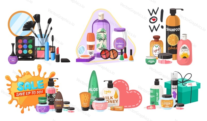 Beauty store cosmetics set, flat vector isolated illustration. Hair, face and body skin care cosmetics, makeup products and accessories.