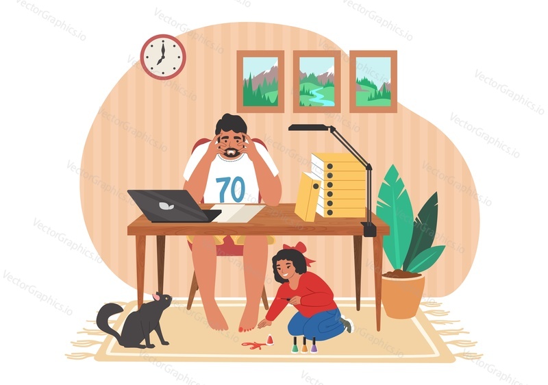 Tired stressed dad working on computer while naughty kid preventing him doing his work, flat vector illustration. Remote work, freelance. Parental stress, parenting problems when raising children.