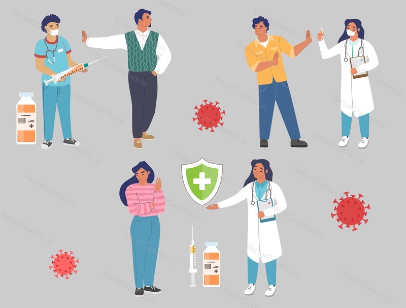 Patients, male and female characters showing stop hand sign to doctor with syringe, flat vector illustration. People anti vaxxers refusing covid-19 vaccine injection. Vaccine hesitancy. Anti vax.