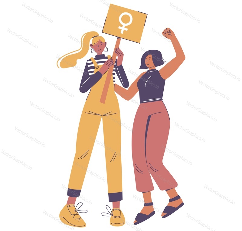 Two strong diverse girls with raised fist and female gender sign, flat vector illustration. Women Equality Day, women empowerment, girl power, feminism concept.