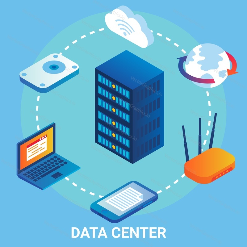 Data center flowchart, vector illustration. Isometric laptop computer, mobile phone, server room racks, wifi router. Cloud storage, data transfer.