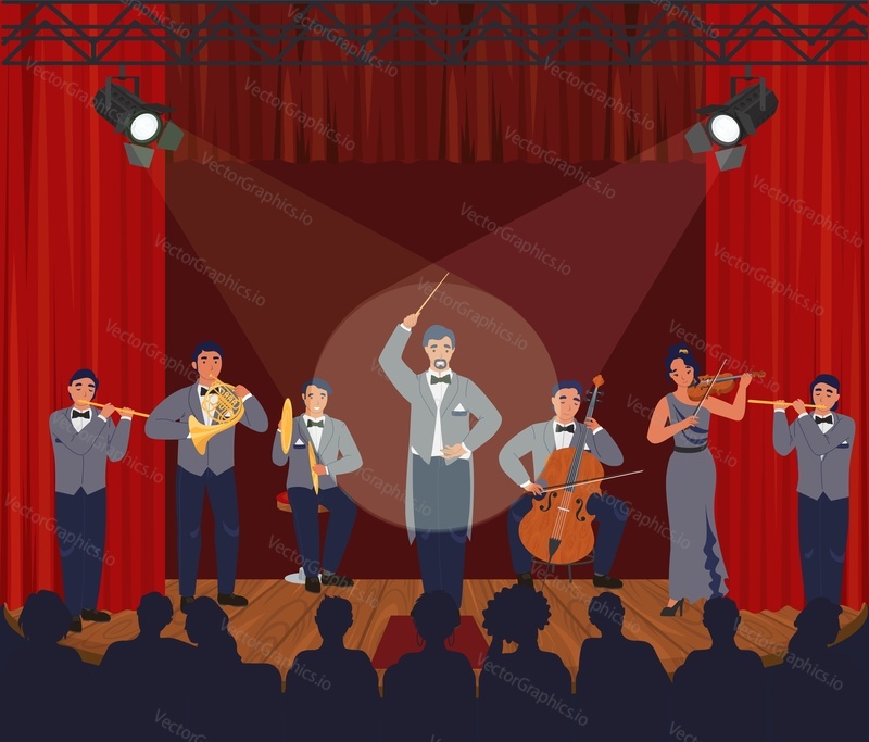 Opera theater scene with red curtains. Symphony orchestra performing on stage, vector illustration. Conductor and musicians playing violin, double bass, flute, tuba. Classical music concert.