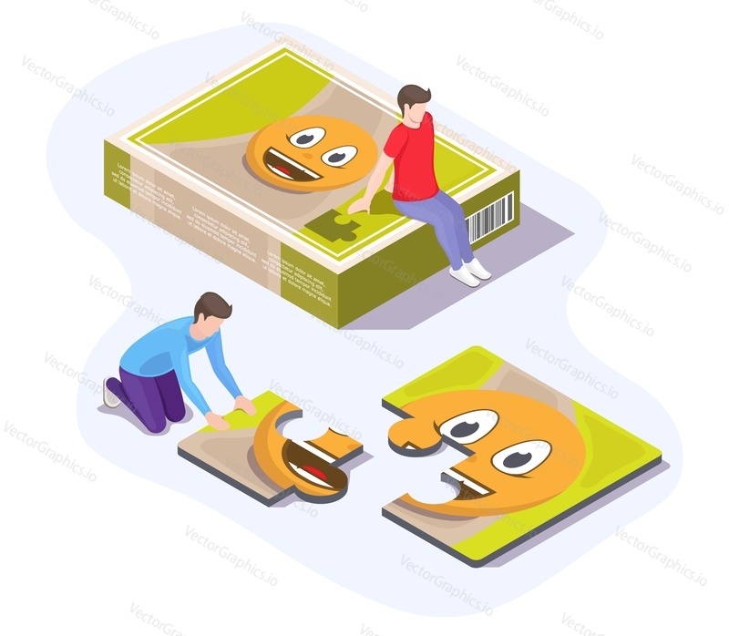 Two kids solving jigsaw puzzle having fun and exercising brain, flat vector isometric illustration. Happy friends playing puzzle game sitting on the floor. Home leisure activities.
