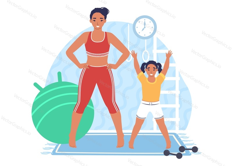 Happy mother training with daughter, flat vector illustration. Mom and kid spending time together. Parent child relationship, happy motherhood and parenting, healthy lifestyle.