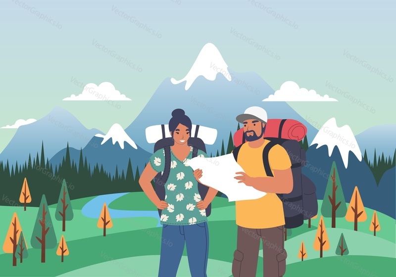 Happy tourist couple with backpacks looking at map, flat vector illustration. Summer tourism, hiking, trekking, outdoor activity.