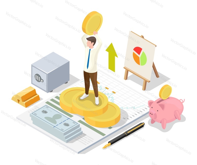 Happy businessman holding dollar coin in raised hands standing on coin stack top, flat vector isometric illustration. Financial management concept.