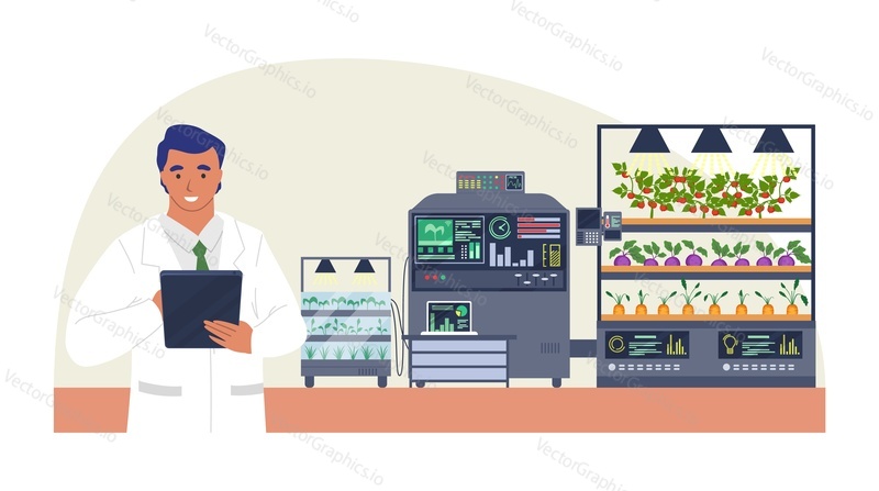 Smart vegetable farm, flat vector illustration. Automated growing of plants in greenhouse. Internet of things, wireless remote control, modern smart farming technology in agriculture.