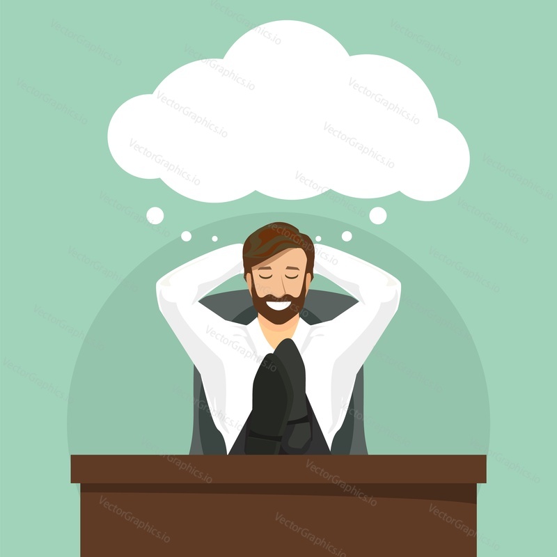 Happy businessman with thought bubble sitting on chair with feet on table, flat vector illustration. Office man taking rest and dreaming about something.