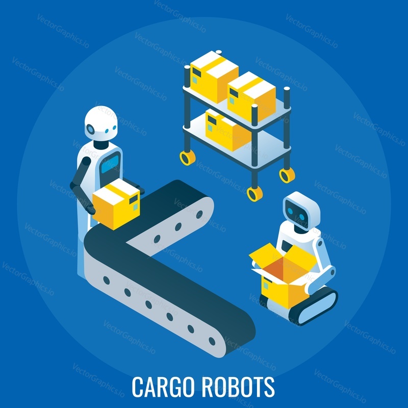 Cargo robots, flat vector isometric illustration. Automated line, cute robots packing cardboard boxes. Industrial automation and robotics concept.
