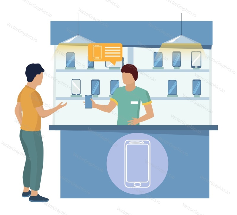 Man buying new cell phone. Seller showing smartphone to customer, flat vector illustration. Phone store interior.