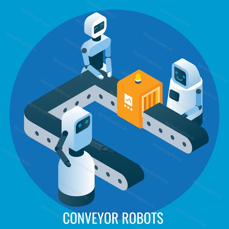 Conveyor robots, flat vector isometric illustration. Automated production line, cute robots. Manufacturing automation and robotics technology.