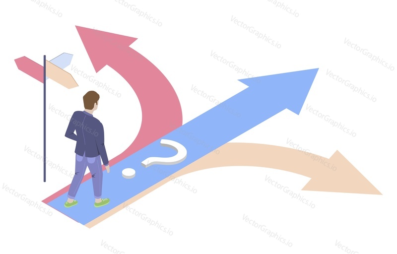 Businessman choosing path standing at crossroads, flat vector isometric illustration. Decision making, problem solving, business strategy, career path.