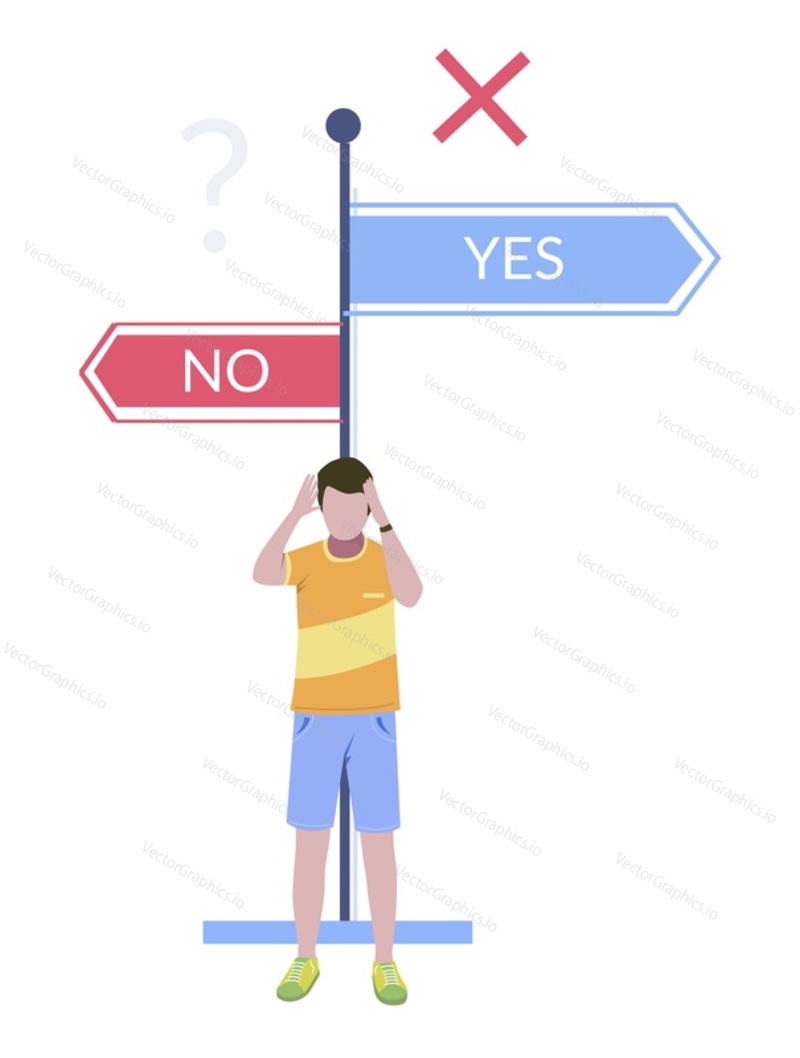 Man making life choice standing in front of yes and no direction road signs, flat vector illustration. Life changing decision.