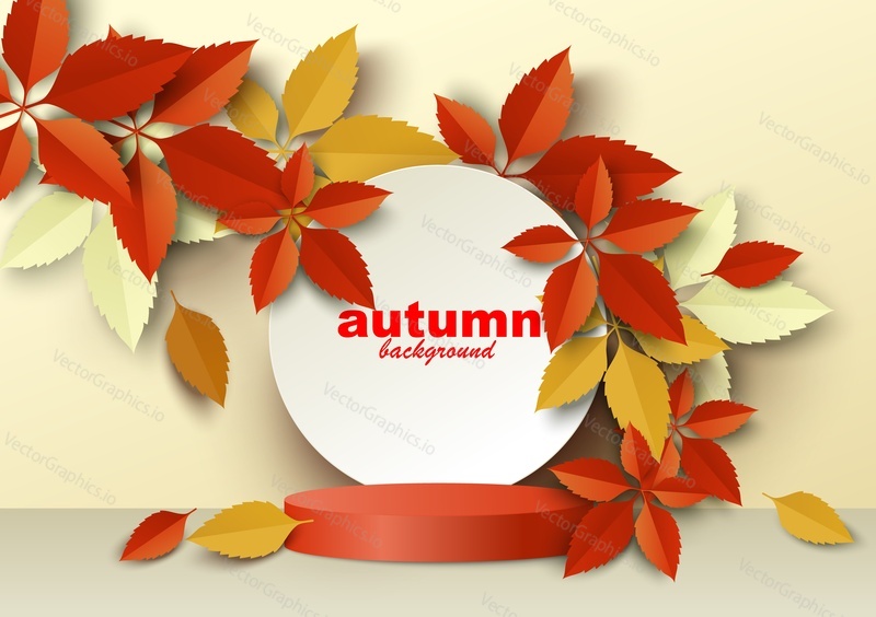 Red round display podium mockup, paper cut autumn season red and yellow leaves, vector illustration. Fall floral background for products advertising.