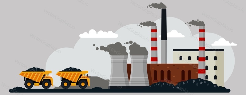 Dump trucks transporting coal to mining and processing plant, flat vector illustration. Coal mining industry.