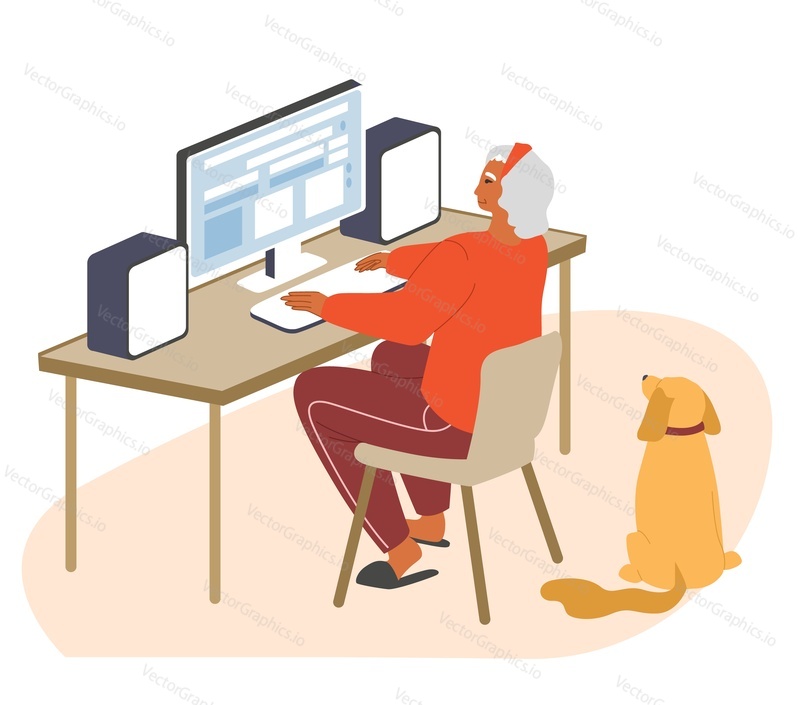 Senior woman surfing the net, chatting on social networks using computer, flat vector illustration. Online communication. Mature people lifestyle. Happy retirement. Elderly online internet activity.