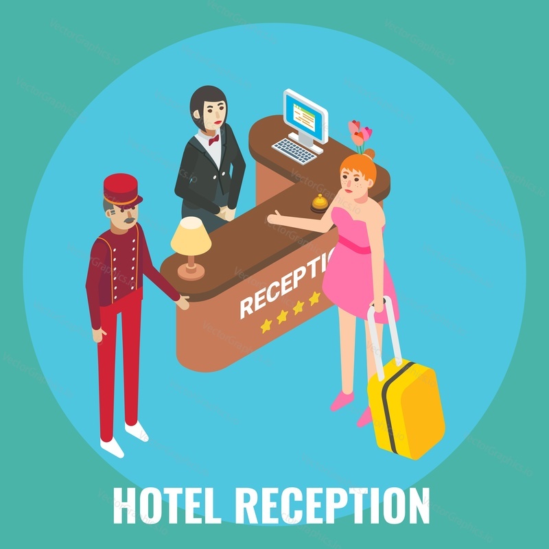 Hotel receptionist, hospitality professional checking in guest female, flat vector isometric illustration. Hotel reception desk registration services.