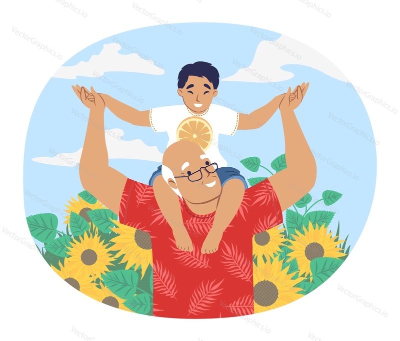 Happy grandfather walking with grandson sitting on his shoulders in the park, flat vector illustration. Grandpa and grandkid spending time together. Grandparent grandchild relationships.