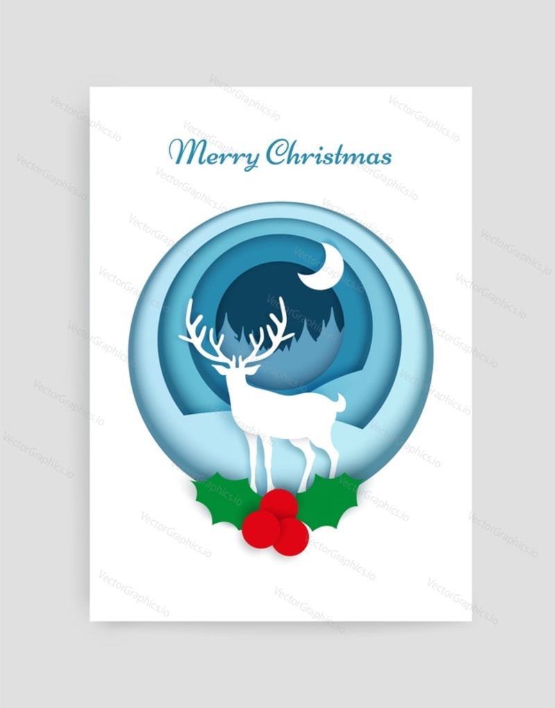 Merry Christmas card vector design template. Paper cut craft style winter composition of white reindeer silhouette and holly berries in circle.