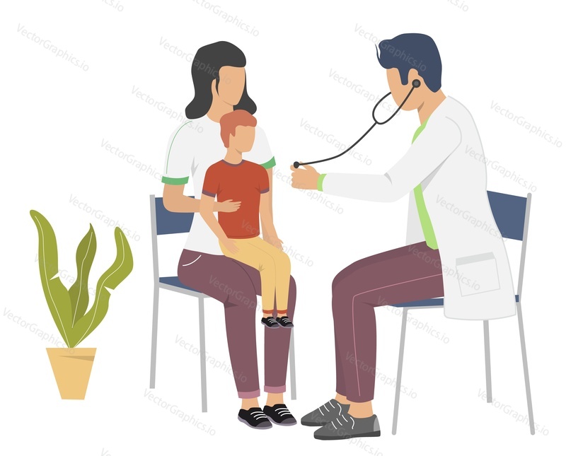 Kid checkup. Doctor pediatrician examining baby sitting on mom knees, flat vector illustration. Kids medicine. Pediatrics.