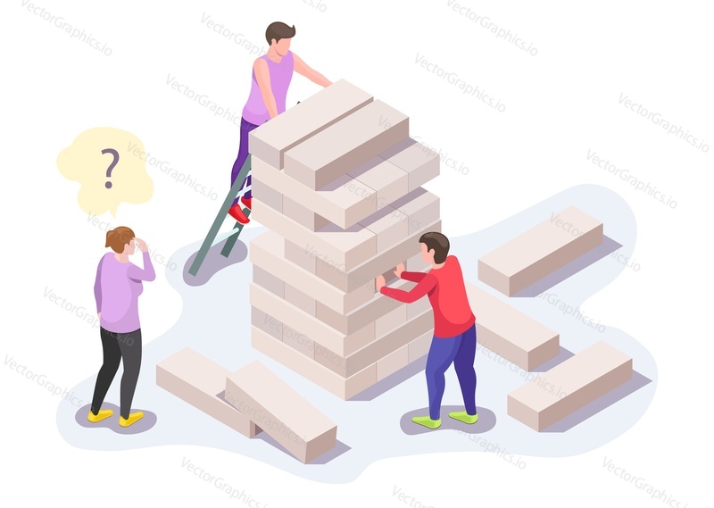 Happy people family characters, friends playing jenga board game on the floor, flat vector isometric illustration. Home leisure activities.