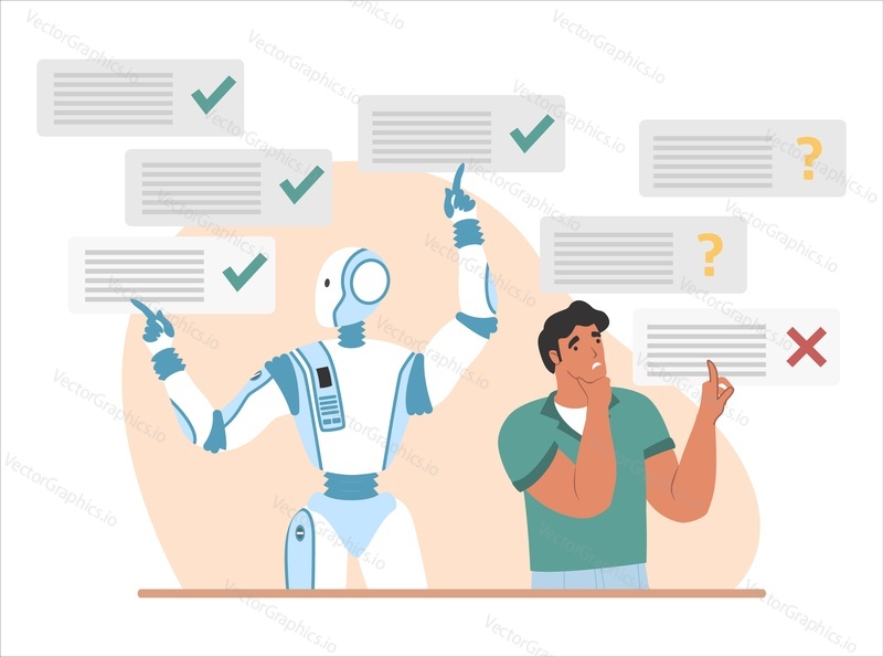 Robot machine answering questions much more quickly and properly than human, flat vector illustration. Robots superiority. Automation. Artificial intelligence vs human intelligence.