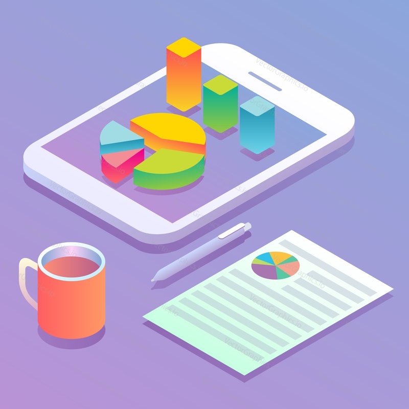 Mobile analytics concept flat vector illustration. Isometric smartphone with color pie chart and bar graph on screen. Users interaction with mobile sites and applications.