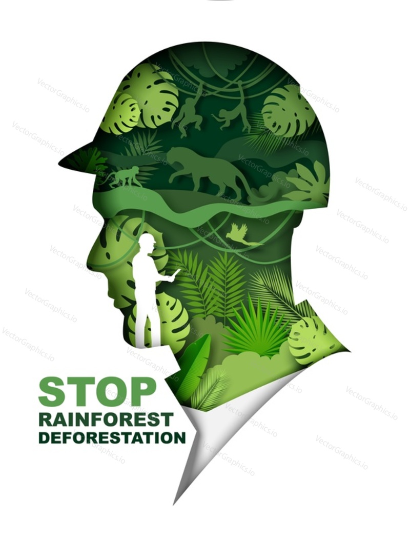Stop rainforest deforestation poster, banner template. Green jungle plants and wild animals inside of man head silhouette, vector illustration in paper art style. Save rainforest and planet Earth.