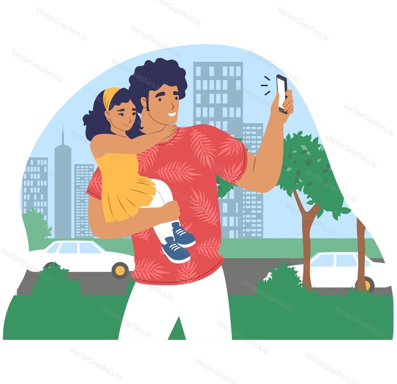 Happy father taking selfie with daughter walking in park, flat vector illustration. Dad and kid spending time together. Parent child relationship, happy fatherhood and parenting. Father day activity.