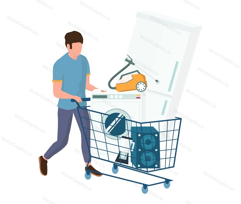 Man with shopping cart full of home appliances such as fridge, washer, loudspeaker, vacuum cleaner, flat vector illustration. Electronics purchase concept.