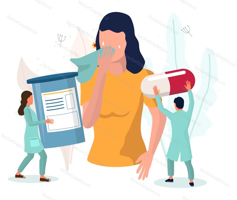 Woman suffering from runny nose, watery eyes, cough, flat vector illustration. Anaphylaxis. Allergy symptoms and treatment.
